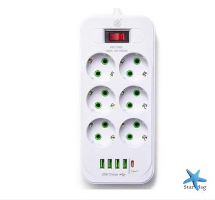 Мережевий подовжувач-фільтр PNS-03/D6 білий 3 м з LED-індикатором, 4 USB і PD Type-C &bull; Розгалужувач живлення 6&ndash;220V для дому, офісу та заряджання гаджетів