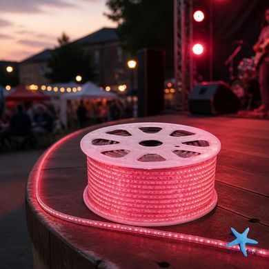 Гирлянда-лента Rope-Lights SMD5050-R 100 м, красная &bull; Уличная светодиодная гирлянда-дюралайт с прозрачным проводом, SMD 5050 и защитой IP65 для фасадов и деревьев