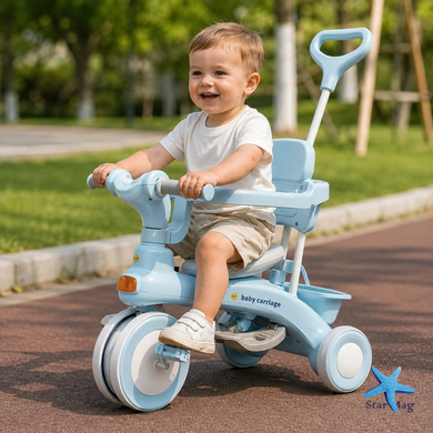 Дитячий триколісний велосипед Baby Carriage 588 блакитний з батьківською ручкою &bull; Велосипед-коляска Baby Carriage 588 для малюків з кошиком