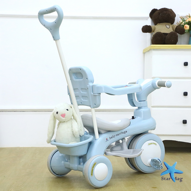 Дитячий триколісний велосипед Baby Carriage 588 блакитний з батьківською ручкою &bull; Велосипед-коляска Baby Carriage 588 для малюків з кошиком