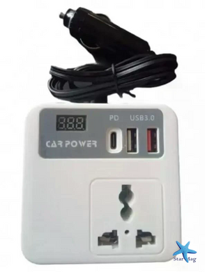 Автомобильный инвертор Car Power 150W 12V&ndash;220V &bull; Преобразователь напряжения от прикуривателя 12V в 220V с 2 USB, Type-C PD и дисплеем