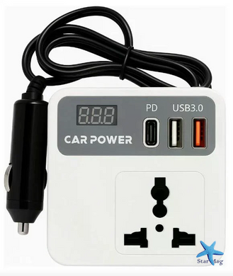 Автомобильный инвертор Car Power 150W 12V&ndash;220V &bull; Преобразователь напряжения от прикуривателя 12V в 220V с 2 USB, Type-C PD и дисплеем