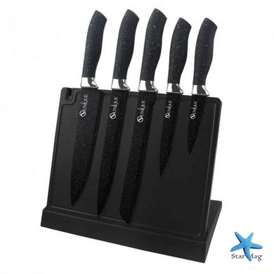 Стильный набор кухонных ножей с магнитной подставкой – держателем с точилкой ∙ 6 предметов ∙ Ножи кухонные Черные UNIQUE UN-1841
