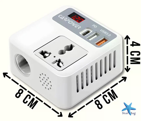 Автомобильный инвертор Car Power 150W 12V&ndash;220V &bull; Преобразователь напряжения от прикуривателя 12V в 220V с 2 USB, Type-C PD и дисплеем