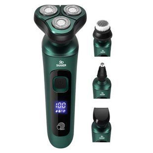 Електробритва 4 в 1 Shaver 9D зелена &bull; Чоловіча акумуляторна роторна бритва з тримером, насадкою для носа, щіткою для обличчя та LCD-дисплеєм