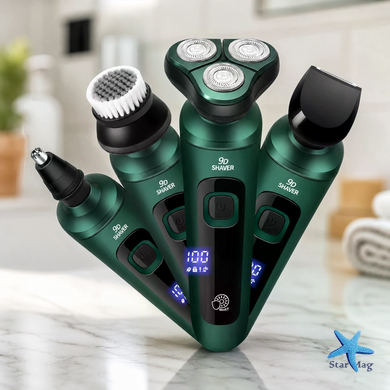 Електробритва 4 в 1 Shaver 9D зелена &bull; Чоловіча акумуляторна роторна бритва з тримером, насадкою для носа, щіткою для обличчя та LCD-дисплеєм