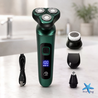 Електробритва 4 в 1 Shaver 9D зелена &bull; Чоловіча акумуляторна роторна бритва з тримером, насадкою для носа, щіткою для обличчя та LCD-дисплеєм