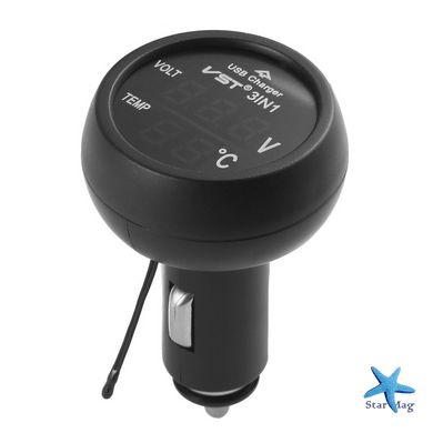 Автомобільний термометр – вольтметр з USB 3 в 1 VST 706-1 у прикурювач авто 12-24В ∙ Червоні цифри