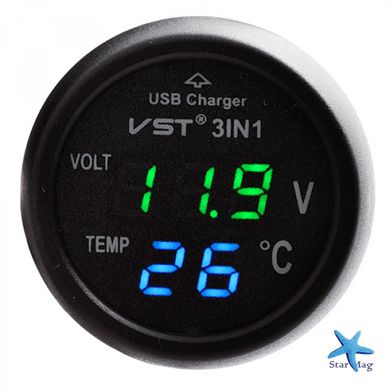 Автомобильный термометр – вольтметр с зарядным устройством USB 3 в 1 VST 706-4 в прикуриватель авто 12-24В ∙ Зеленые/синие цифры
