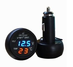 Автомобільний термометр – вольтметр з USB 3 в 1 VST 706-5 у прикурювач авто 12-24В ∙ Сині/помаранчеві цифри