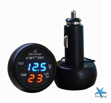 Автомобільний термометр – вольтметр з USB 3 в 1 VST 706-5 у прикурювач авто 12-24В ∙ Сині/помаранчеві цифри