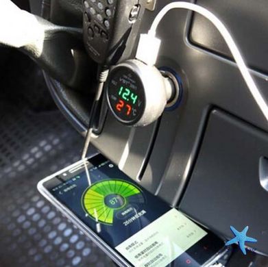 Автомобильный термометр – вольтметр с USB 3 в 1 VST 706-5 в прикуриватель авто 12-24В ∙ Синие / оранжевые цифры