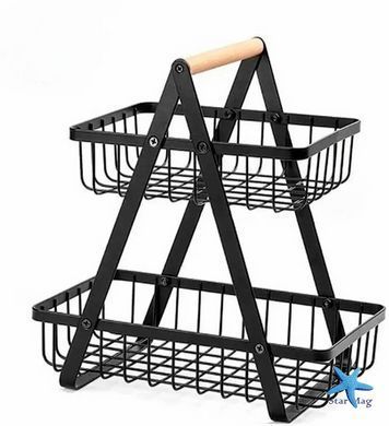 Настольная двухъярусная корзина - фруктовница с деревянной ручкой Double Fruit Basket &middot; Разборная металлическая корзинка для фруктов