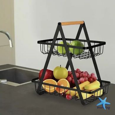 Настольная двухъярусная корзина - фруктовница с деревянной ручкой Double Fruit Basket &middot; Разборная металлическая корзинка для фруктов