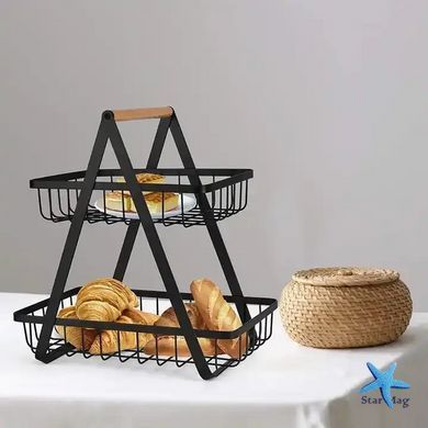Настольная двухъярусная корзина - фруктовница с деревянной ручкой Double Fruit Basket &middot; Разборная металлическая корзинка для фруктов