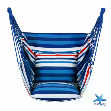 Підвісний гамак-крісло MA546blue 130&times;100 см блакитний у смужку &bull; Гамак для дому, саду, балкона, тераси та дачі з 2 подушками