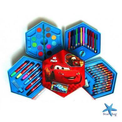 Дитячий художній набір для малювання та творчості "Тачки", 46 предметів у боксі-шестиграннику