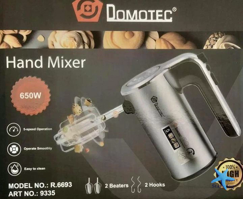 Миксер ручной кухонный DOMOTEC MS-R-6693 600W для взбивания и смешивания &bull; Электрический миксер DOMOTEC MS-R-6693 с насадками для теста и крема