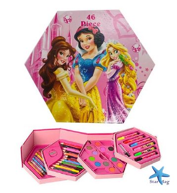 Детский художественный набор для рисования и творчества "Принцессы Дисней" для девочек, 46 предметов в шестигранной коробочке