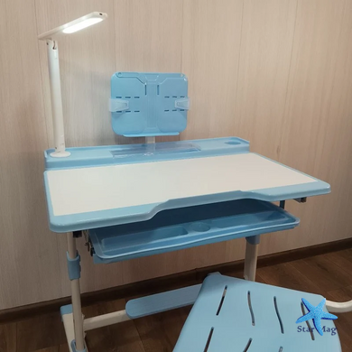 Дитяча парта зі стільцем регульована з лампою та підставкою для книг X-390 70&times;46 см синя &bull; Комплект зростаюча парта і стілець для навчання, малювання та занять удома &bull; Дитячий стіл зі стільцем для дівчинки