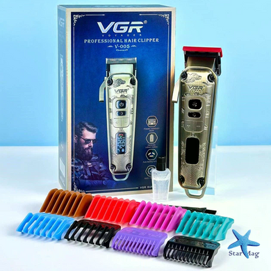 Машинка для стрижки VGR V-005 &bull; Аккумуляторная машинка для волос и бороды VGR V-005 с LED-дисплеем, 4 скоростями и 8 насадками