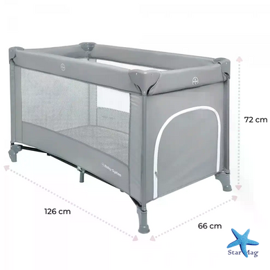 Кроватка-манеж детская Happy Traveller Basic серая &bull; Складной манеж-кроватка для сна и игр малыша с матрасиком, боковым входом, москитной сеткой и колесами 126&times;66&times;72 см