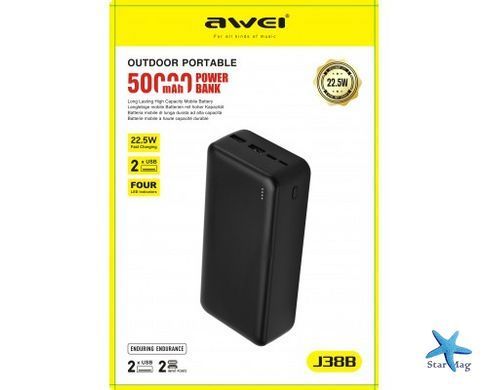 Power Bank Awei J38B 50000mAh чорний &bull; Повербанк Awei J38B 50000mAh 22.5W зі швидкою зарядкою PD/QC і Type-C