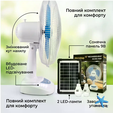 Настільний вентилятор із сонячною панеллю та 2 LED-лампами SONALAS SL662 &bull; Портативний 12&Prime; вентилятор з акумулятором і поворотом