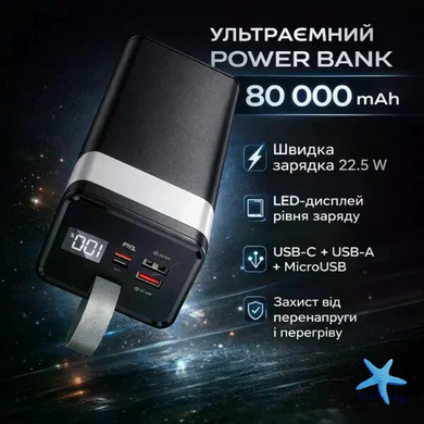 Power Bank Awei J86 80000mAh чорний &bull; Повербанк Awei J86 80000mAh 22.5W зі швидким заряджанням PD/QC, дисплеєм і ліхтариком