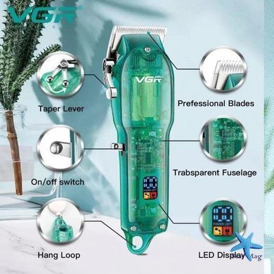 Професійна машинка для стрижки V-660 Professional Clipper Transparent Green &bull; Акумуляторна машинка для волосся VGR V-660