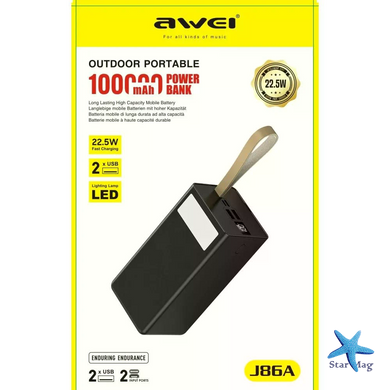 Power Bank Awei J86A 100000mAh чорний &bull; Повербанк Awei J86A 100000mAh 22.5W зі швидким заряджанням PD/QC і LED-дисплеєм