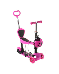 Трехколесный детский самокат 5 в 1 с родительской ручкой и сиденьем Scooter ∙ Самокат трансформер для детей со светящимися колесами, регулируемой высотой руля и корзинкой