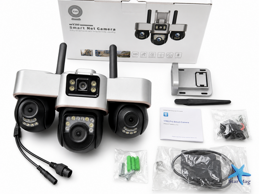 4G камера видеонаблюдения Smart Net Camera V380 белая &bull; Уличная IP-камера с 3 независимыми поворотными объективами, SIM-картой, Wi-Fi и ночным видением