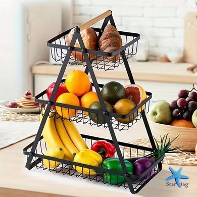 Настольная трехъярусная корзина - фруктовница с деревянной ручкой Triple Fruit Basket &middot; Разборная металлическая корзинка для фруктов