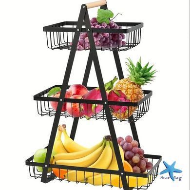 Настольная трехъярусная корзина - фруктовница с деревянной ручкой Triple Fruit Basket &middot; Разборная металлическая корзинка для фруктов