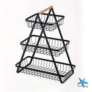 Настольная трехъярусная корзина - фруктовница с деревянной ручкой Triple Fruit Basket &middot; Разборная металлическая корзинка для фруктов