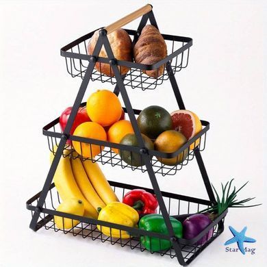 Настольная трехъярусная корзина - фруктовница с деревянной ручкой Triple Fruit Basket &middot; Разборная металлическая корзинка для фруктов