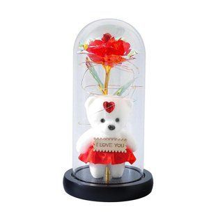 Роза в стеклянной колбе Rose of Love с LED-подсветкой и плюшевым мишкой ∙ Декоративная хрустальная роза с мишкой и сердцем I Love You