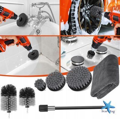 Насадки-щітки для дрилі та шуруповерта для чищення плитки, ванної, килимів і авто з подовжувачем і серветкою • Набір щіток на дриль для прибирання 8 в 1