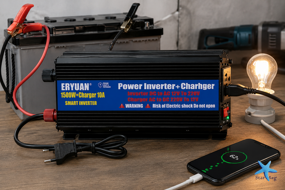 Преобразователь напряжения 1500W с зарядным устройством 10A &bull; Инвертор для аккумулятора, дома, авто и резервного питания