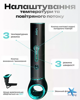 Фен-стайлер VGR V-486 5 в 1 &bull; Вращающаяся фен-щетка для сушки, укладки, объема, выравнивания и моделирования волос