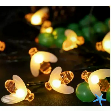 Солнечная гирлянда Пчелы 5 м 20 LED теплый белый &bull; Садовая LED-гирлянда Пчелы на солнечной панели 5 метров с 8 режимами свечения