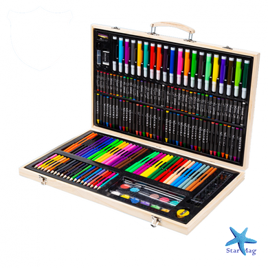 Детский набор для рисования и творчества 180 предметов в деревянном чемоданчике-кейсе