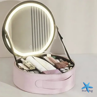 Органайзер-косметичка из экокожи NiceLand с LED зеркалом розовый &bull; Дорожная косметичка для макияжа, хранения косметики и аксессуаров с подсветкой и зеркалом