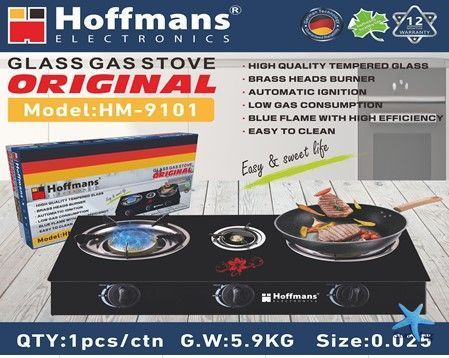 Газовая плита Hoffmans HM-9101 на 3 конфорки &bull; Настольная стеклянная газовая варочная панель с автоподжигом и латунными горелками