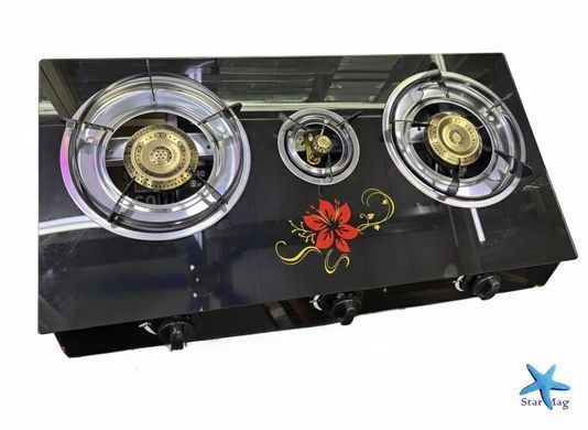 Газовая плита Hoffmans HM-9101 на 3 конфорки &bull; Настольная стеклянная газовая варочная панель с автоподжигом и латунными горелками